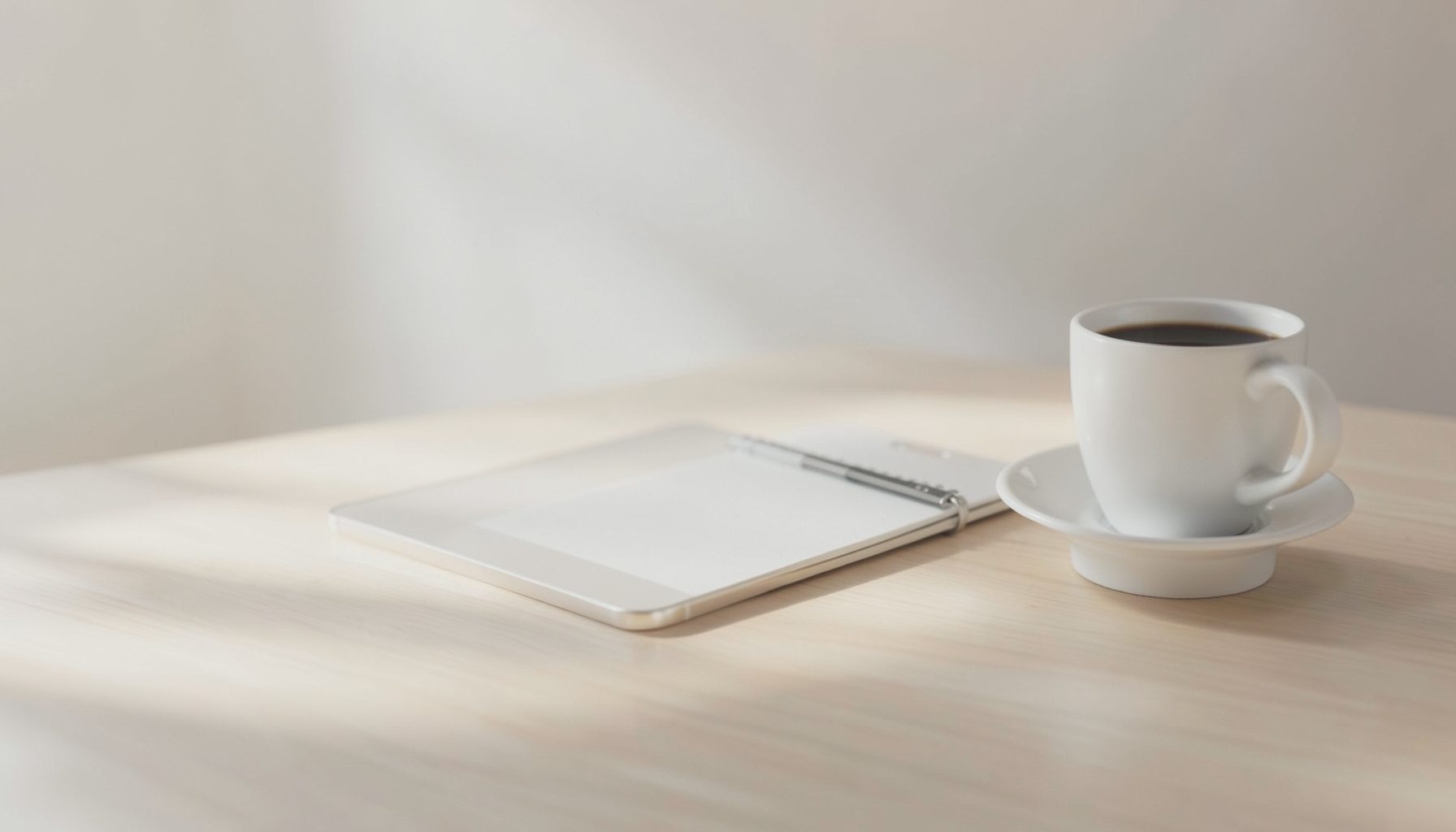 A soft, desaturated photograph of a modern workspace with a smartphone, notebook, and coffee cup on a pale wooden desk, bathed in gentle morning light with neutral beige and grey tones.