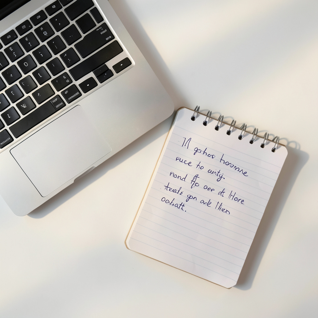 A laptop keyboard and a notepad with handwritten notes, shot from above on a clean white desk with muted warm shadows.
