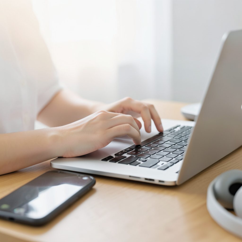 A person's hands typing on a laptop at a wooden table, with a phone and headphones nearby, in soft diffused daylight.